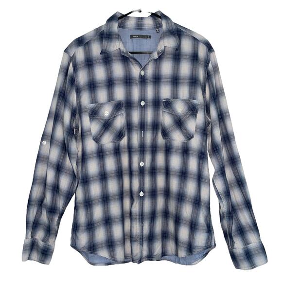 Vince Blue Plaid Double Breasted Pocket Button Front Shirt Large - Picture 1 of 9